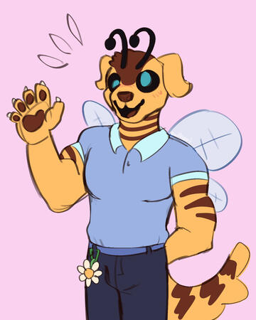 a muscular anthro bee dog standing and waving at the viewer, smiling. he has floppy ears, antennae, and bee wings. he has esotropia, his left eye is pointing at his nose. he's wearing a blue polo shirt and jeans with a green carabiner that has a daisy char