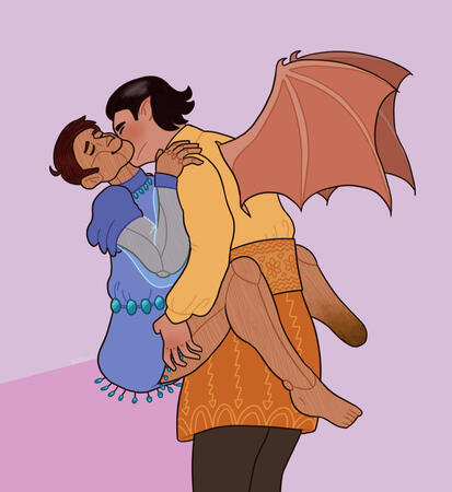 digital art of two characters. one is a life-sized wooden doll, sitting on a vague surface and holding the shoulders of a bat-winged humanoid. the winged man wears a long-sleeved dress, yellow and orange with flower and zigzag patterns. he is kissing the d