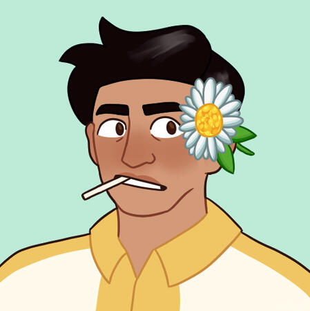 daisy shoulders up of a filipino man with a wary expression. he's wearing a big daisy in his ear and a toothpick in his mouth.